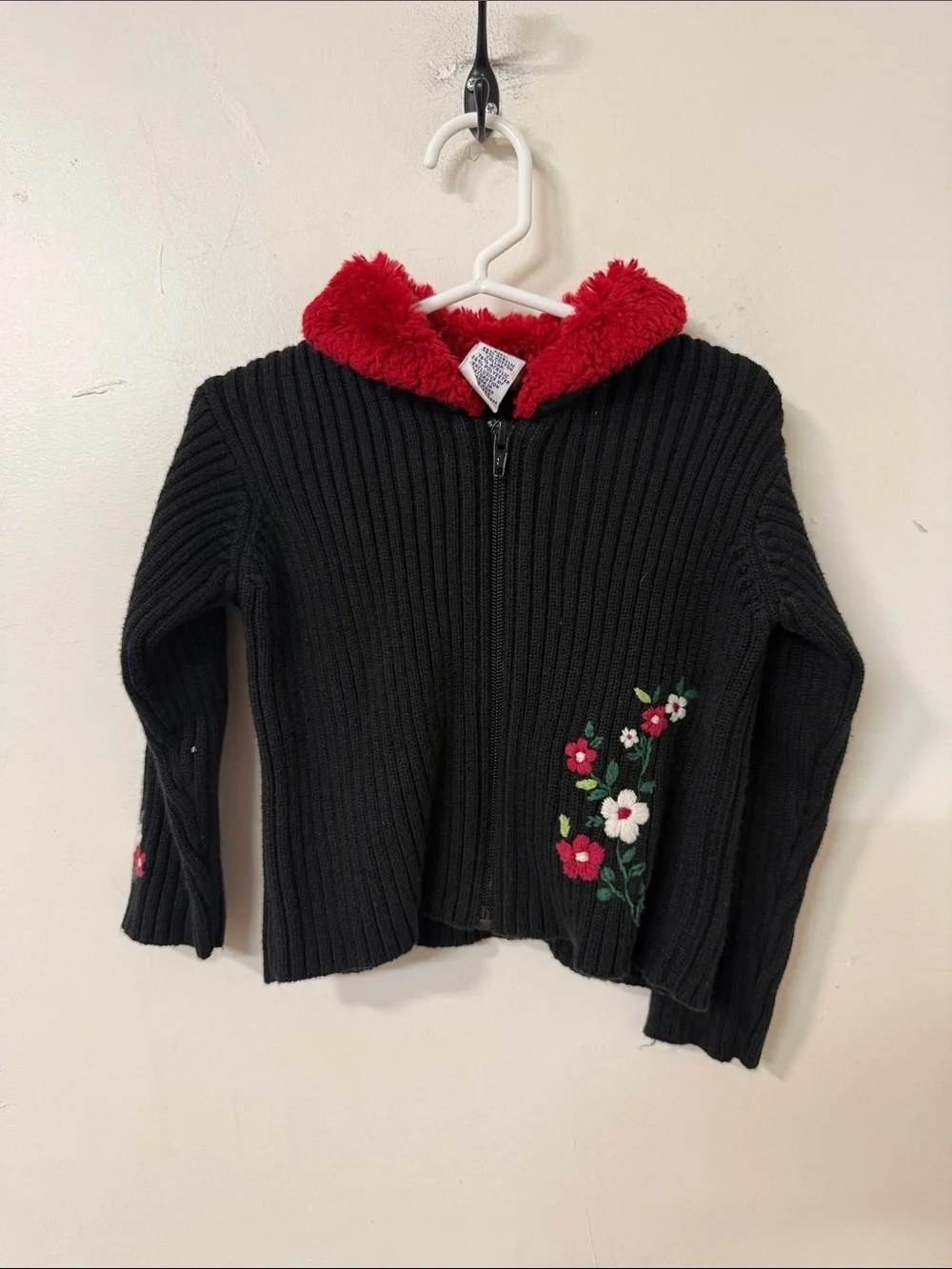 Gymboree Black Knit Zip Hoodie with Red Faux Fur Hood and Floral Embroidery